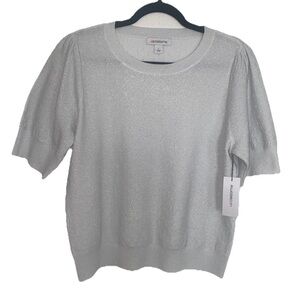 Liz Claiborne Women’s Silver Shimmer Puff Sleeve Knit Top Size L Blouse NWT